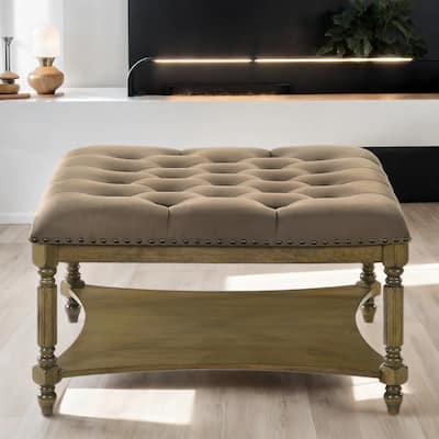 Marcello 32.7 in. Spray Paint Oak Square Upholstered Wood Top Coffee Table with Shelve
