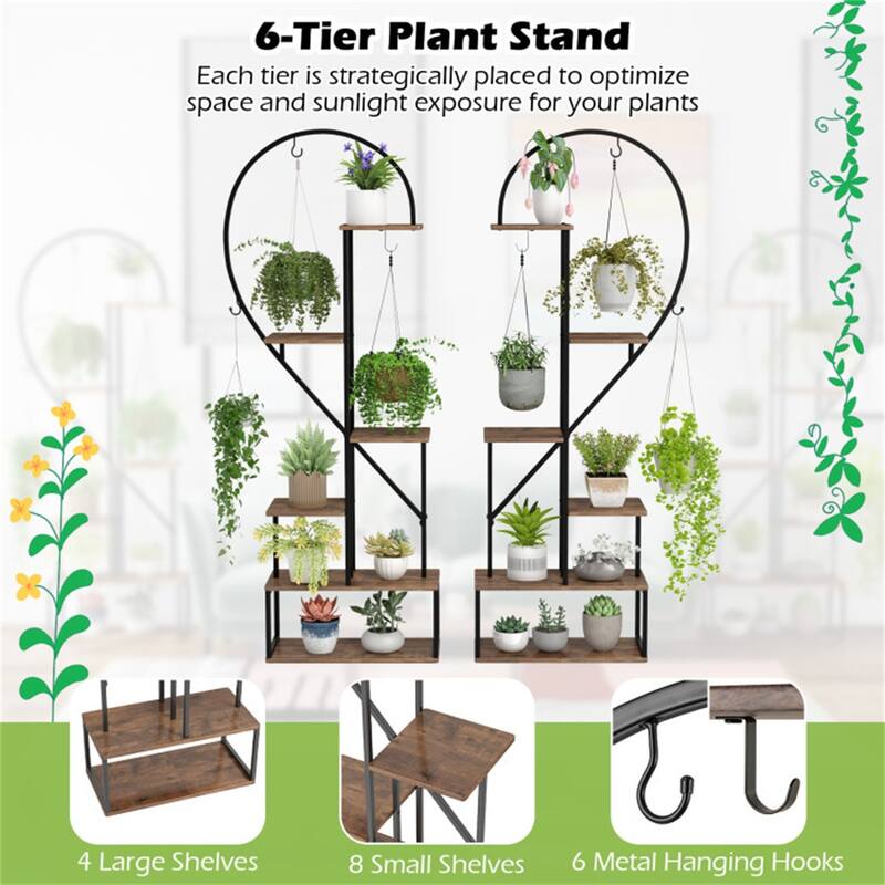 2 Pieces 6-Tier Flower Display Stand with Hooks and Heart-Shaped Plant Shelves for Home Decor - 22" x 11" x 66"