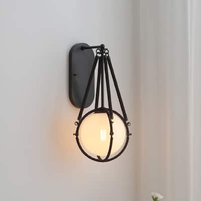 VidaLite Voyager 1-Light Matte Black Wall Sconce, Wall Lamp Fixture With Rope Detailing & Smoked Glass Shade - 21.5" x 11.5"