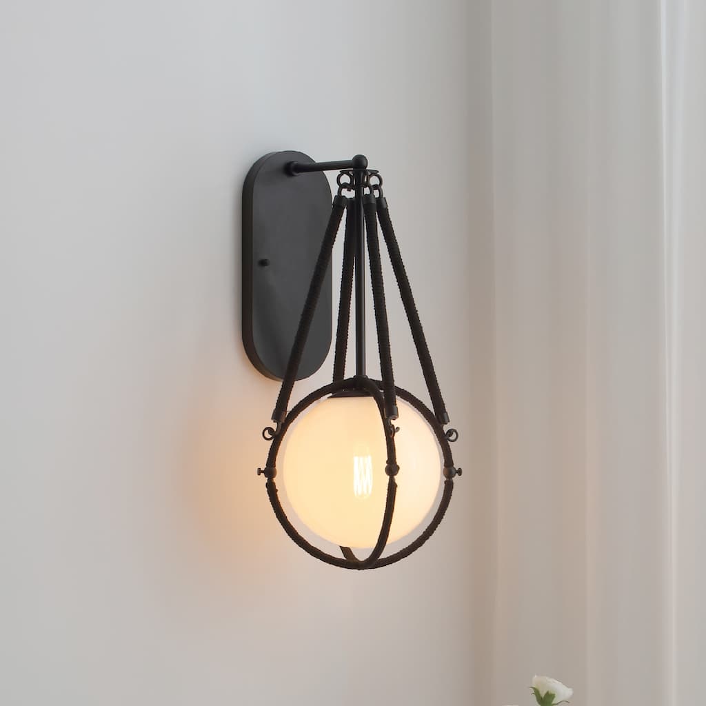 VidaLite Voyager 1-Light Matte Black Wall Sconce, Wall Lamp Fixture With Rope Detailing & Smoked Glass Shade - 21.5" x 11.5"