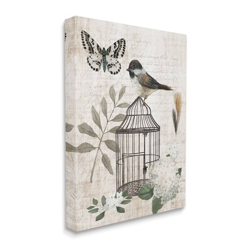 Stupell Botanical Bird Cage Vintage Words Butterfly Motif Canvas Wall Art, Design by Nan