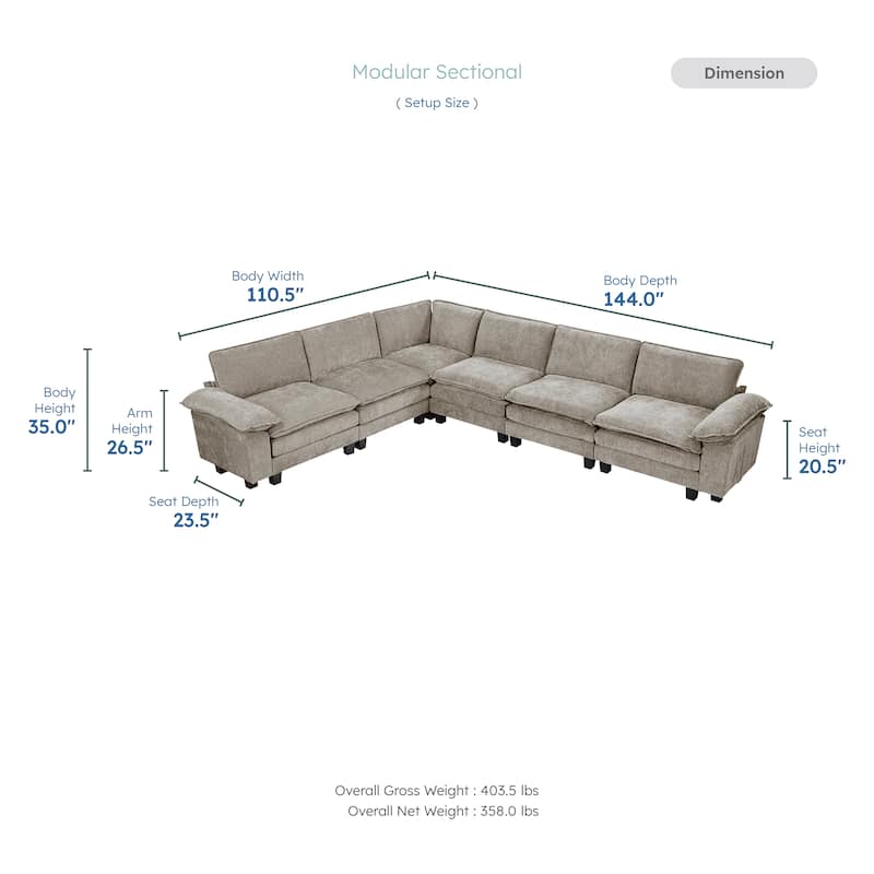 Terra Chenille 6-Piece Modular Sectional Sofa - Wood Finish Feet