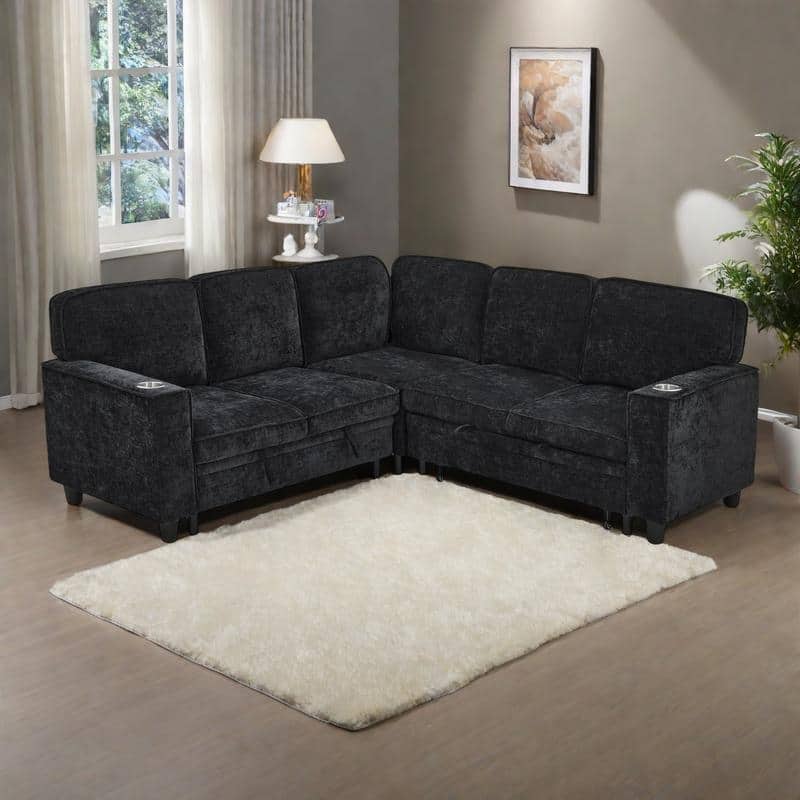 81" Chenille L-Shaped Sofa Bed with Pull-Out Mattress, Storage and USB Charging, 5-Seater - Black