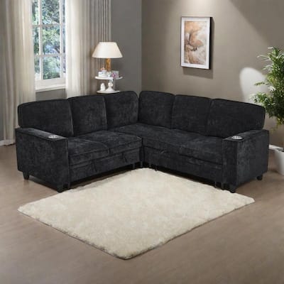 81" Chenille L-Shaped Sofa Bed with Pull-Out Mattress, Storage and USB Charging, 5-Seater