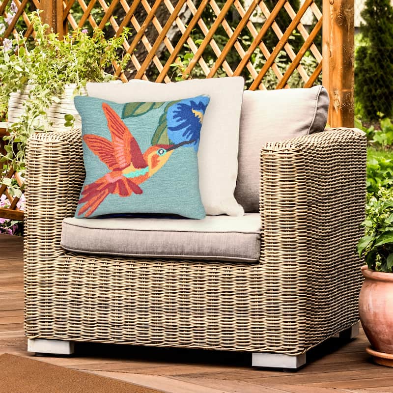 Liora Manne Frontporch Hummingbird Indoor/Outdoor Pillow Sky 18" Square - Accent - 18" x 18" - Polyester - Blue