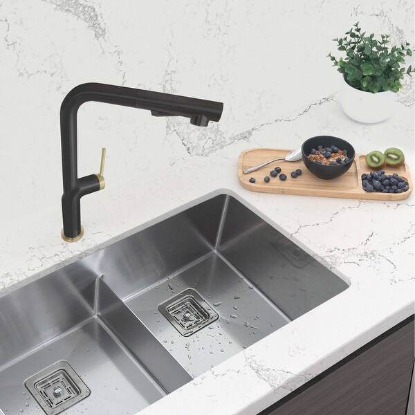 slide 2 of 54, STYLISH Stainless Steel Single Handle Pull Down Kitchen Faucet Lead Free cUPC - Faucet Height: 13 1/8" | Spout Height: 11 1/2" Matte Black/Gold
