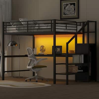 Full Size Metal Loft Bed with Desk, Storage Staircase, Small Wardrobe and LED Light,Black(ETA:7.13)