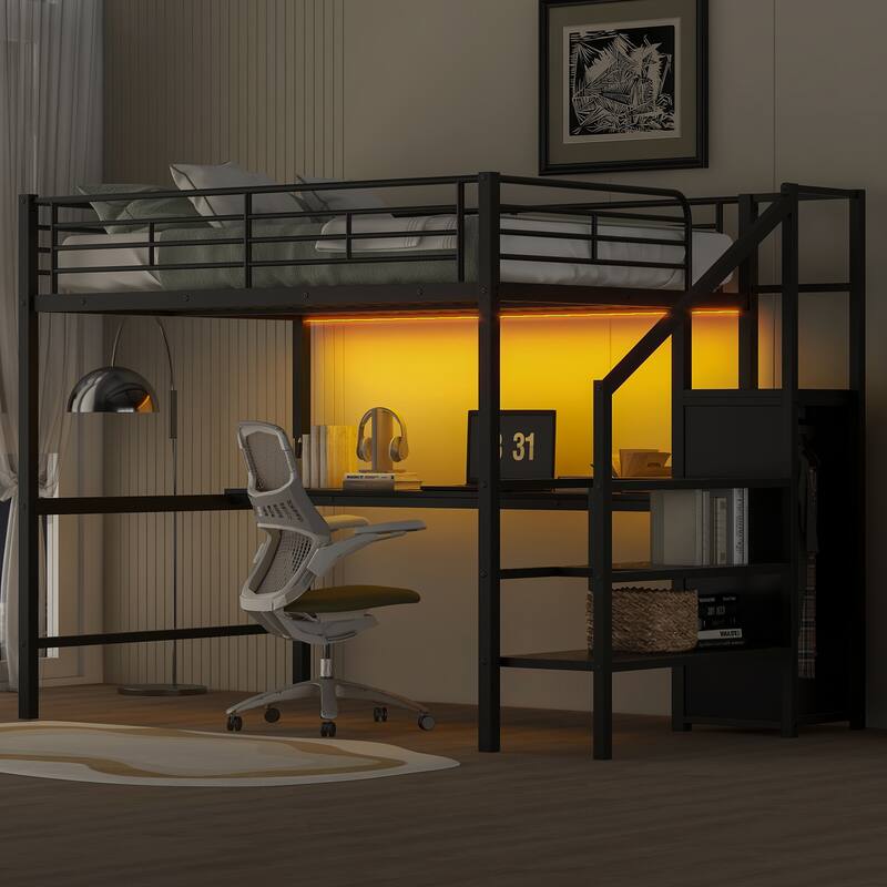 Full Size Metal Loft Bed with Desk, Storage Staircase, and Wardrobe, Black - Black