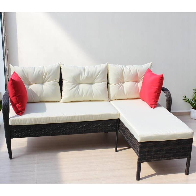 2-Piece Outdoor PE Wicker Sectional Sofa Set with Two-Seater & Lounger, Beige Cushions,Rattan Patio Furniture set - Rattan