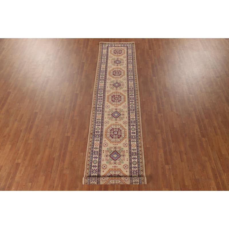 Geometric Kazak Runner Rug Hand-Knotted Yellow Wool Carpet - 2'10" x 13'0"