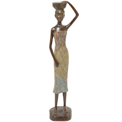 Polystone Woman Standing African Sculpture with Intricate Details - Brown - Roche River Decor - 4"W x 5"L x 22"H