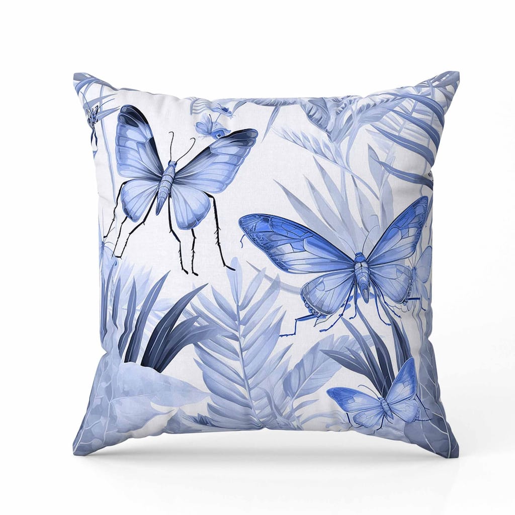 Butterfly Dreams Indoor/Outdoor Reversible Throw Pillow Blue and White