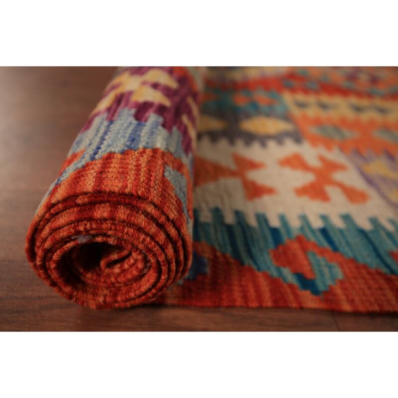 Kilim Oriental Area Rug Flatweave Geometric Orange Wool Carpet - 8'2" x 11'5"