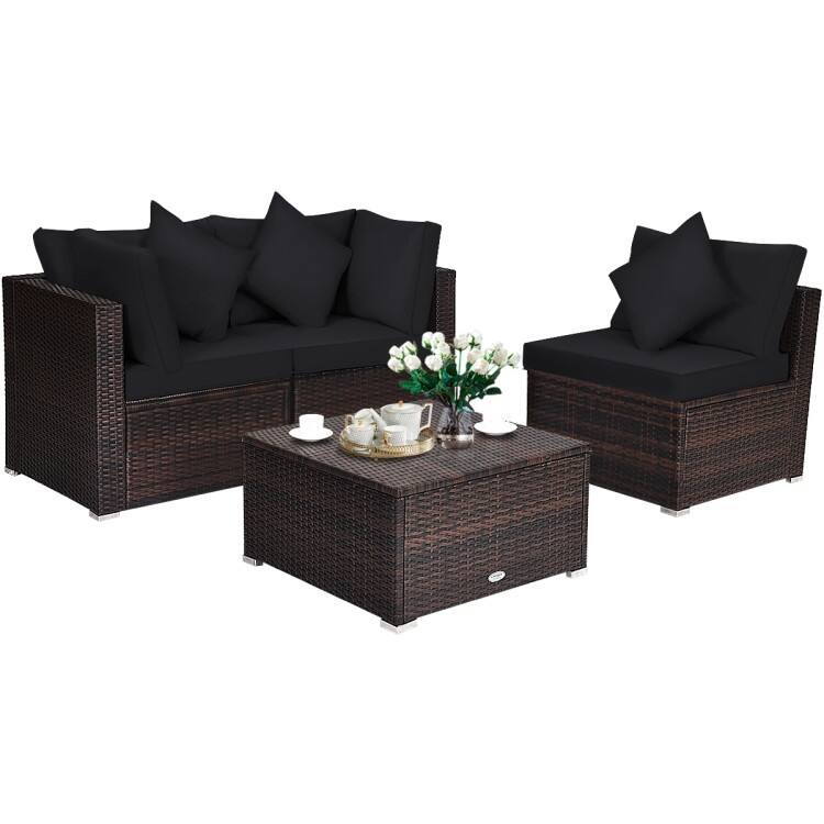4 Pieces Patio Rattan Furniture Set with Removable Cushions and Pillows - Corner Sofa: 29" x 29" x 25"