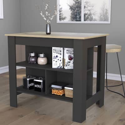 Spacious Kitchen Table Island, 3 Shelves, 35" High, Black & Light Oak Finish