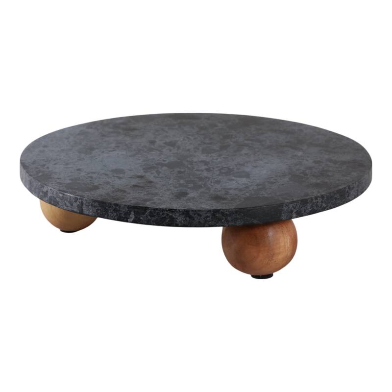 Marble Wood Round Decorative Tray with Modern Leg Detail - 3" Black - 10.0"