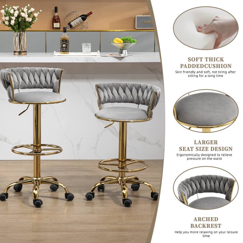 Velvet Upholstered Tufted Swivel Adjustable Height Bar Stools(set of 2