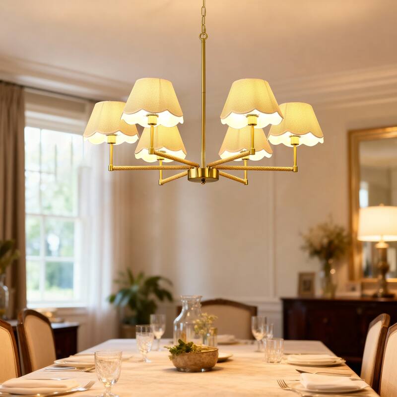 6-Light Rope + Fabric shade Chandelier,Gold Chandelier,Romantic Golden,Adjustable Pendant Lights Project Lighting - Gold