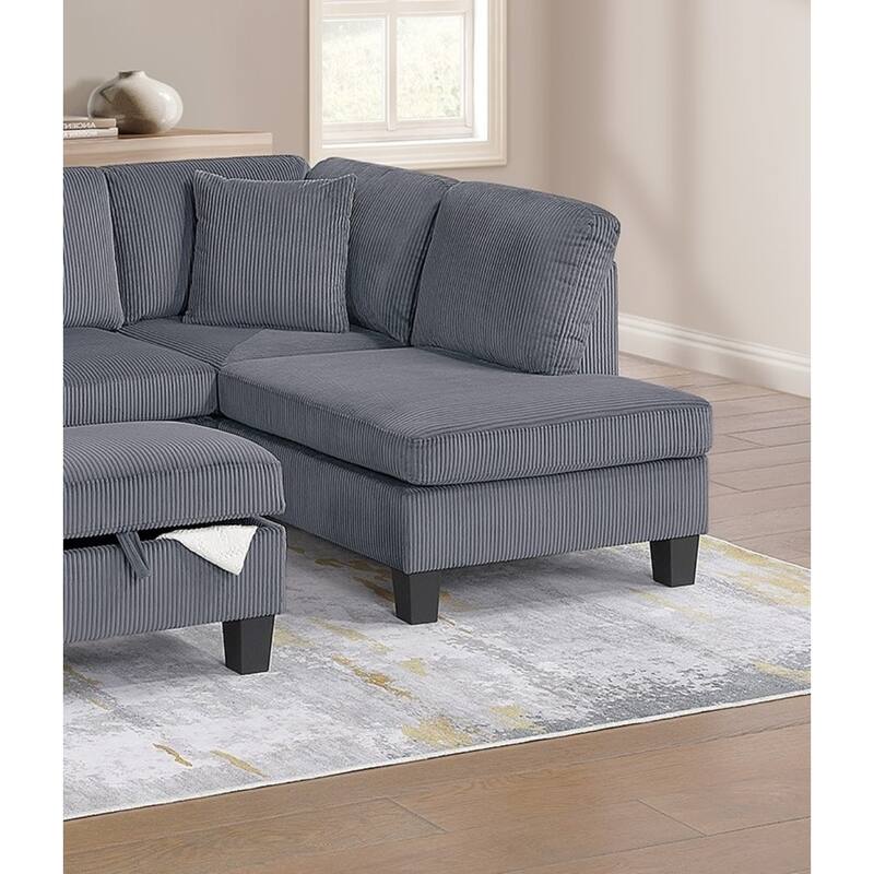 3pc Sectional Set with Chaise, Sofa and Ottoman in Dark Gray Corduroy, Living Room