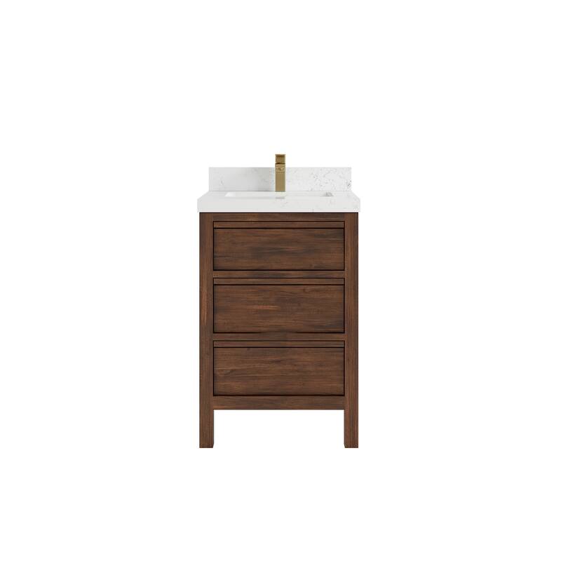 Willow Collections 24 x 22 Elizabeth Teak Single Bowl Sink Bathroom Vanity with Quartz or Marble Countertop - 2"Empira