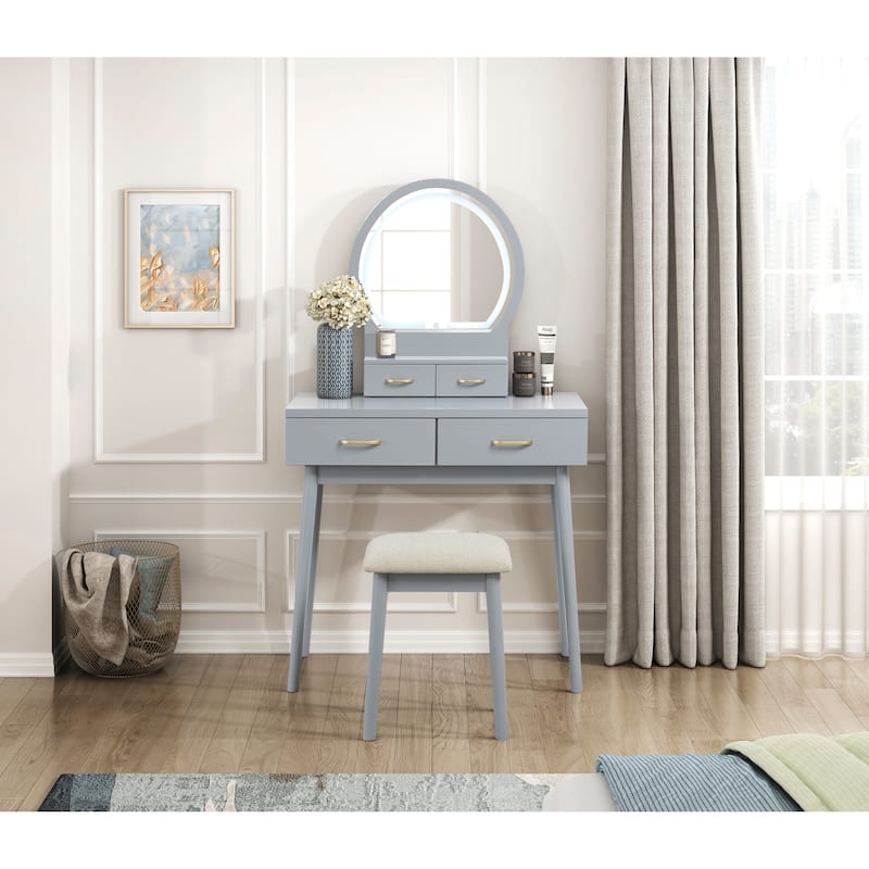 Beautiful Gray Finish Vanity Dresser with Mirror and Stool