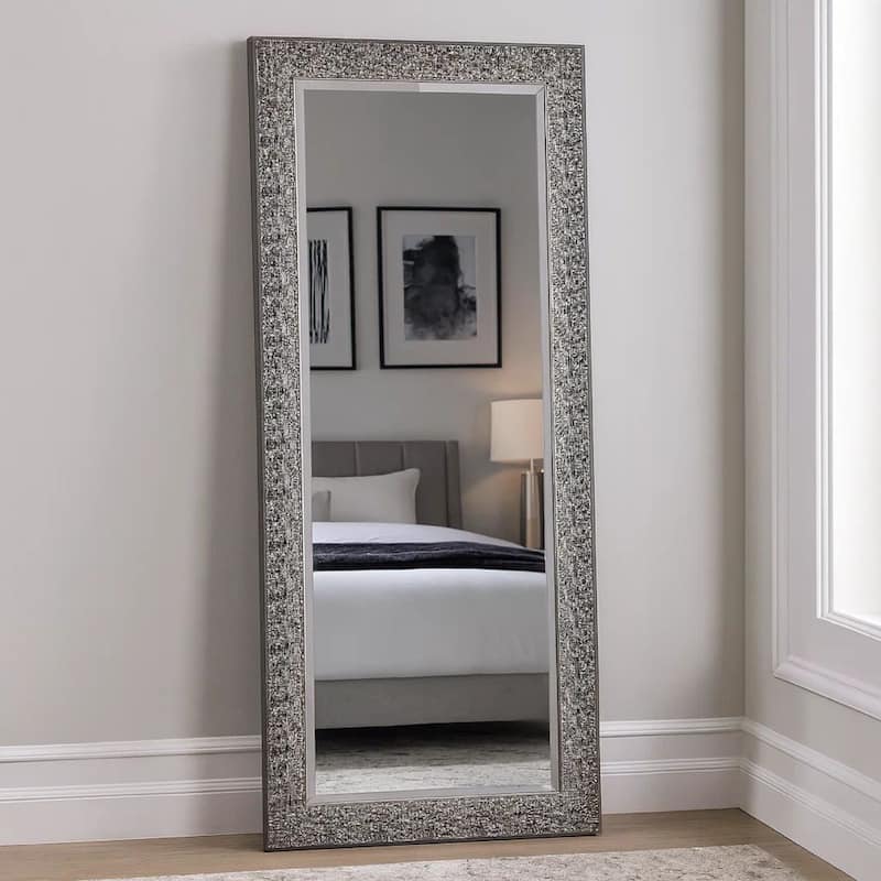 Rectangular Beveled Accent Floor Mirror with Glitter Mosaic Pattern, Gray