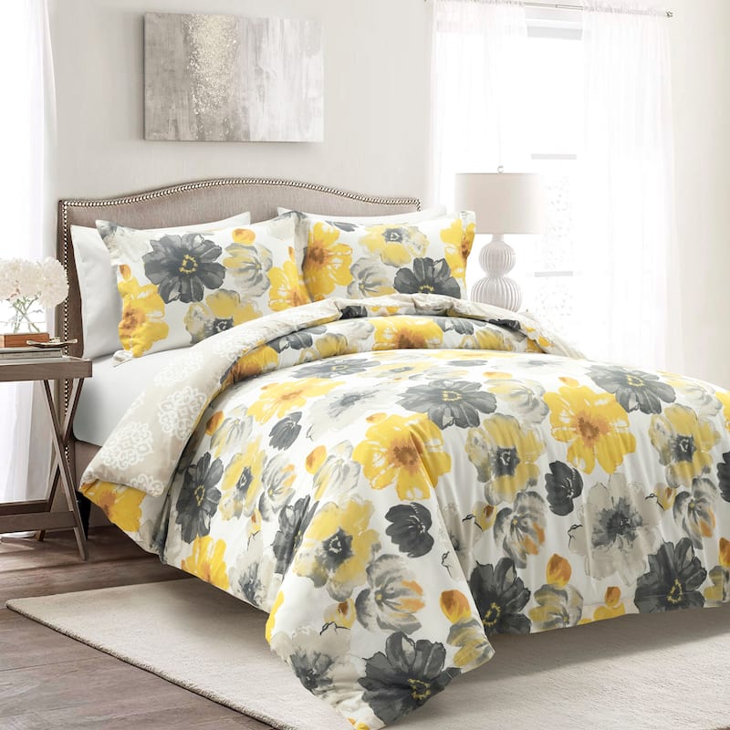 Lush Decor Leah Reversible Cotton Duvet Cover 3 Piece Set - Yellow/Gray - Full - Queen