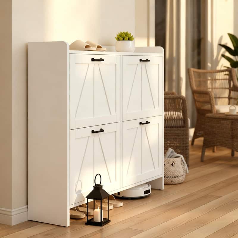 Modern Fence Shoe Cabinet with 4 Flip Drawers, Sleek Space-Saving Entryway Organizer for Living Room