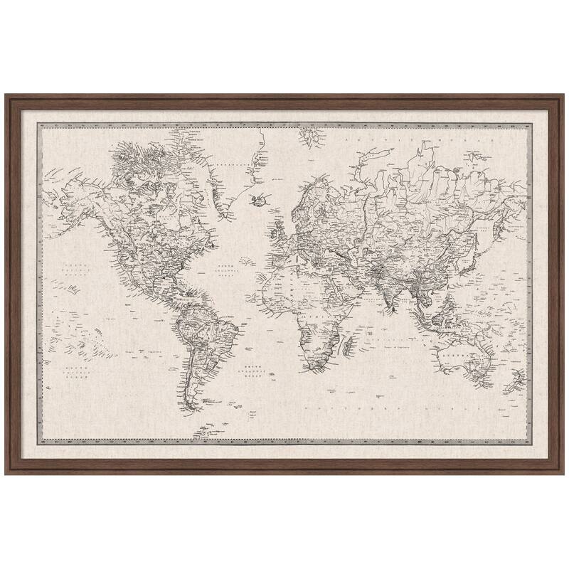 Kate and Laurel Framed Fabric Pinboard Vintage Black and White Linen World Map Wall Organization - 38 x 26 - Brown
