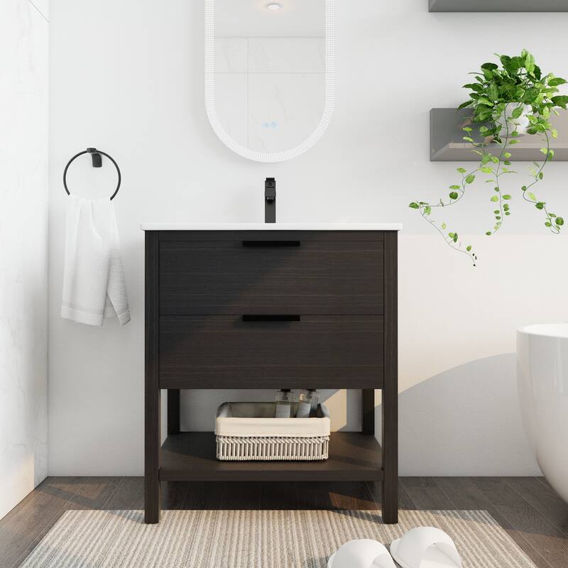 30" Bathroom Vanity with Ceramic Sink, Freestanding, Soft Closing Drawers, 4 Wood Feet, Durable and Water-Resistant