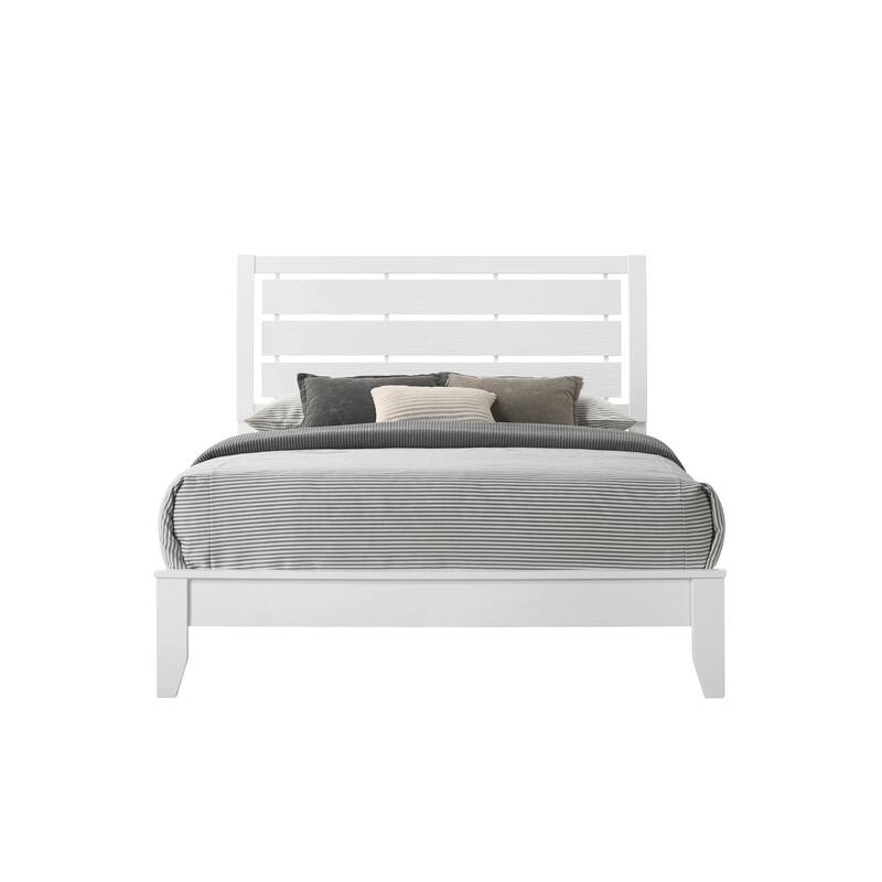 Queen Size Wood Panel Bed with Geometric Design and Softly Curved Headboard - White