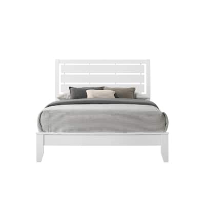 Queen Size Wood Panel Bed with Geometric Design and Softly Curved Headboard