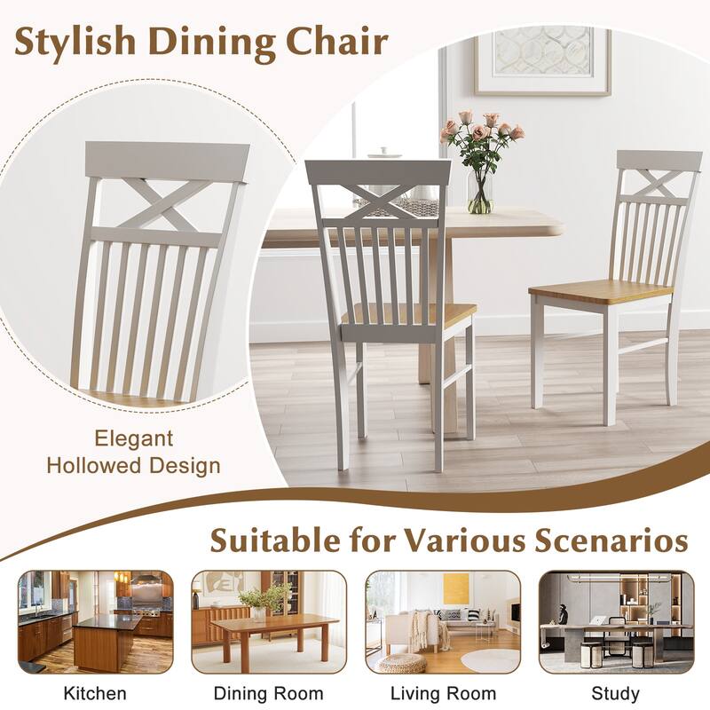 Set of 2 Rubber Wood Dining Chairs with Curved Slatted Backrest and Natural White Finish for Kitchen