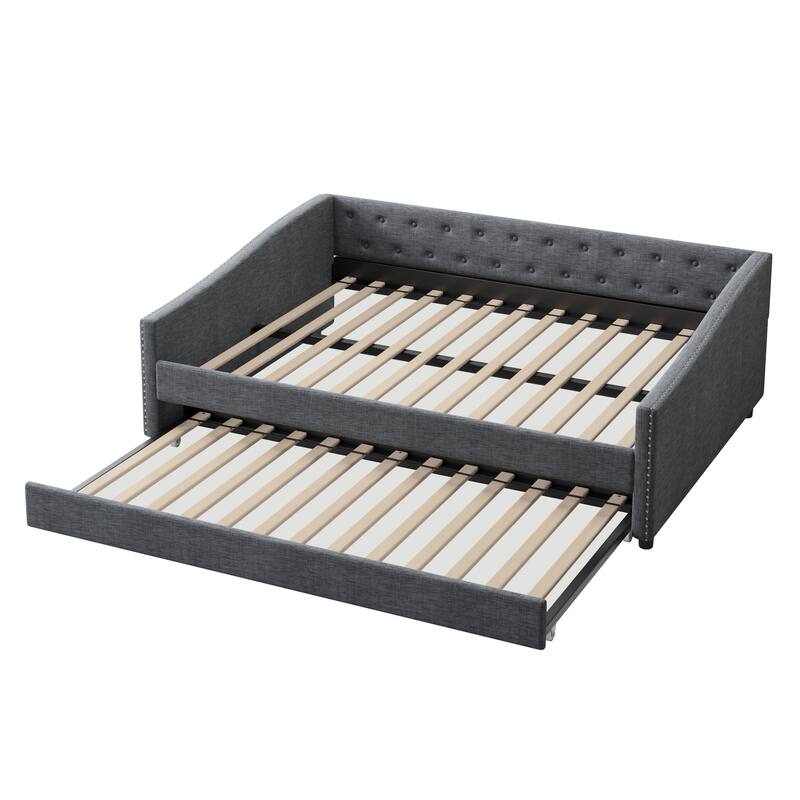 Linen Tufted Daybed with Trundle, Upholstered Platform Sofa Bed Frame, Wooden Slat Support