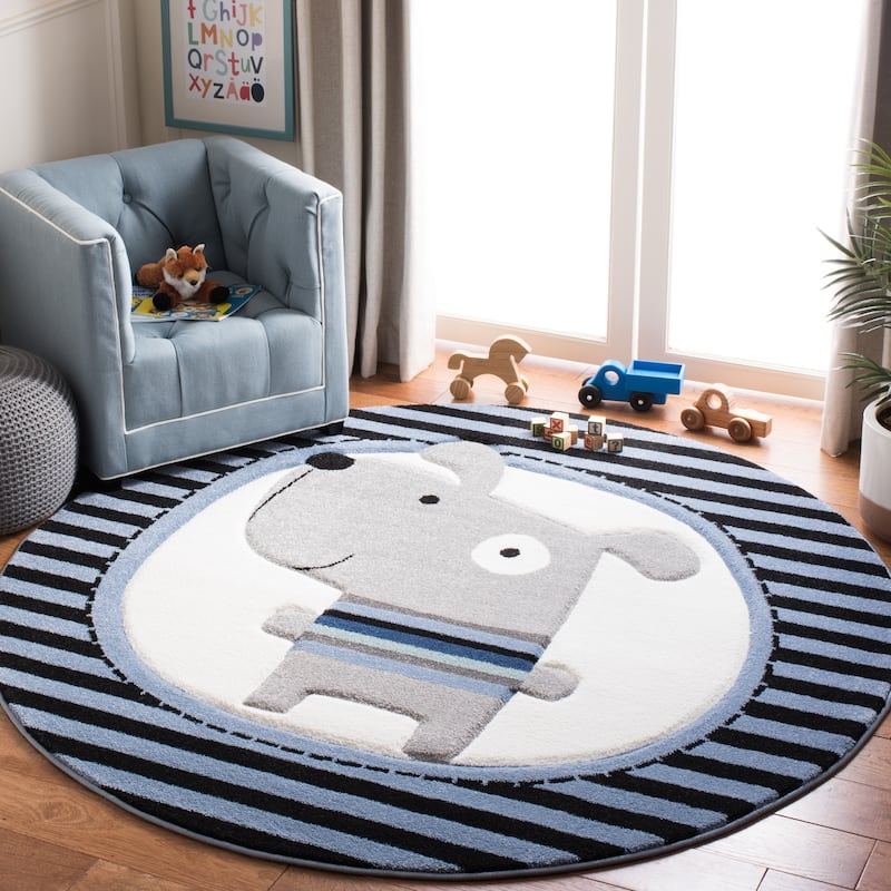 SAFAVIEH Carousel Kids Basimah Stripe Dog Rug - 5'3" Round - Navy/Ivory