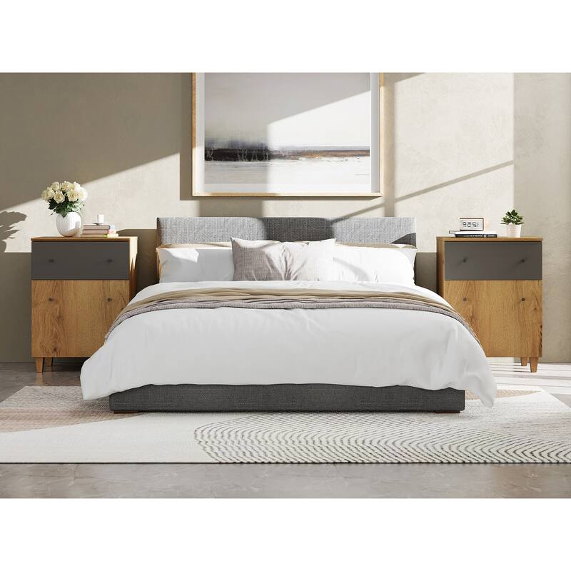 Large Nightstand with Drawer and Cabinet for Bedroom - Oak Brown-2 Packs
