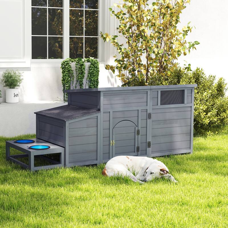 Wood Dog House, Outdoor Dog Kennel with Food Bowls, Storage Box, Vents, Openable Roof, Dog Pet Playpen Cage - Grey