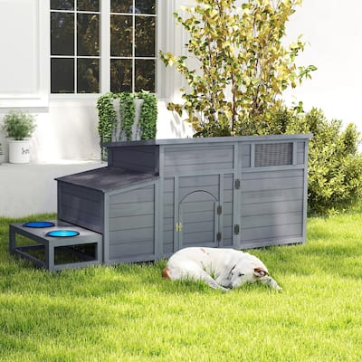 Wood Dog House, Outdoor Dog Kennel with Food Bowls, Storage Box, Vents, Openable Roof, Dog Pet Playpen Cage