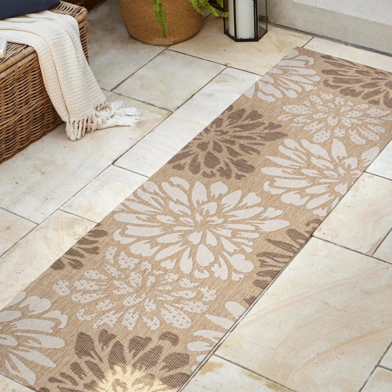 JONATHAN Y Floral Textured Weave Indoor/Outdoor Area Rug - 2 X 10 - Brown/Cream