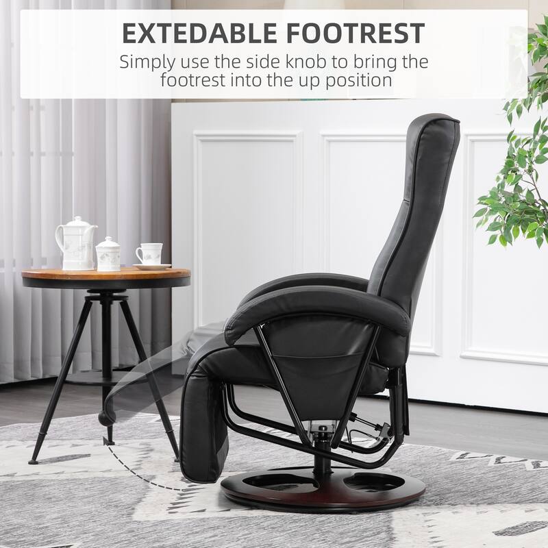 PU Recliner with Footrest, Lounge Chair with 135° Adjustable Backrest, Swivel Wood Base, Padded Seat & Armrests for Living Room