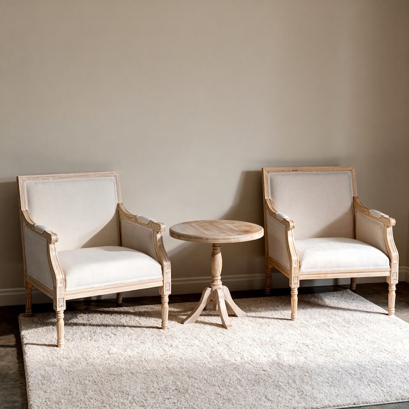 French Accent Chair Traditional Wood Frame Linen Upholstery Distressed Finish Home Decor, Singel