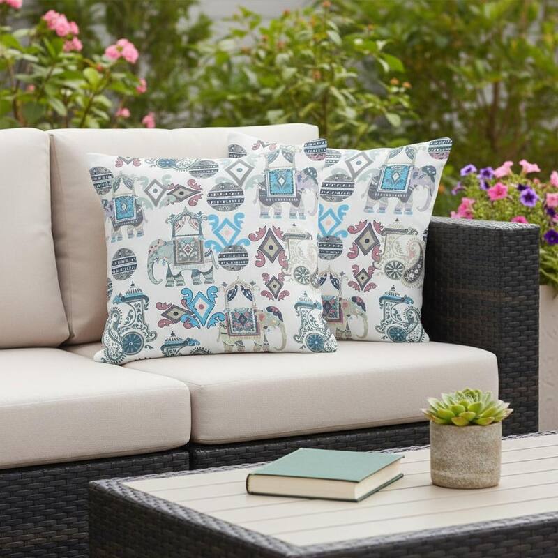 HomeRoots Set of Two 16" X 16" Beige and Blue Elephant Blown Seam Eclectic Indoor Outdoor Throw Pillow - Blue/Beige - 16.00' X '16.00' X '5.00