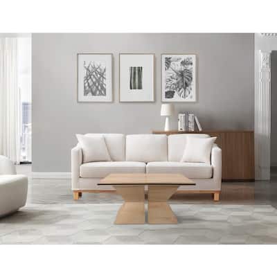 34 Inch Coffee Table, Handcrafted 2 Piece Split Design with Hourglass Base, White Washed Natural Mango Wood