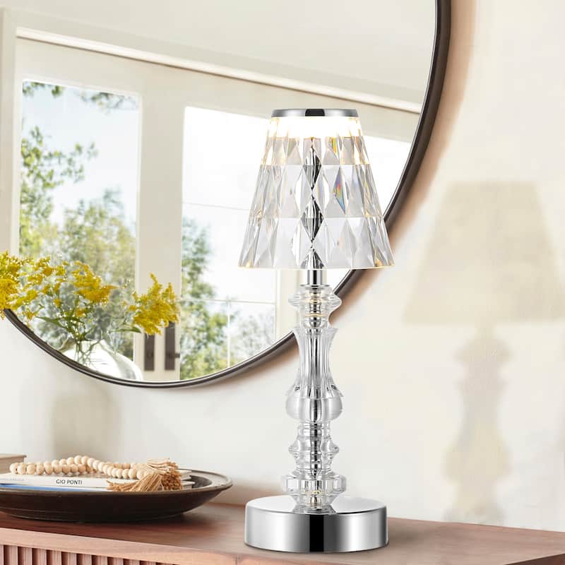 Madelyn 12.75" Bohemian Classic Acrylic Wireless Rechargeable Integrated LED Table Lamp, Clear/Chrome by JONATHAN Y