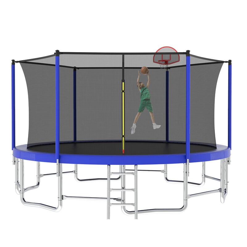 16FT Trampoline with Balance Bar & Basketball Hoop&Ball, ASTM Approved Reinforced Type Outdoor Trampoline