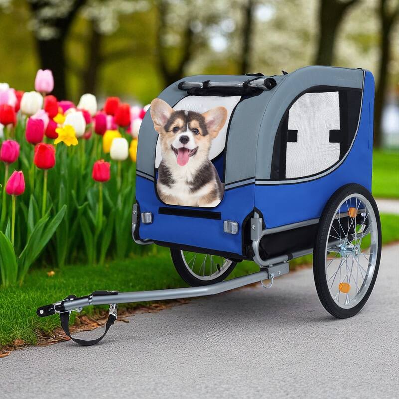 Folding Dog Bike Trailer 66LB Capacity - All-Terrain Pet Carrier with Steel Frame, Rain Cover & Mesh Windows - Blue Grey