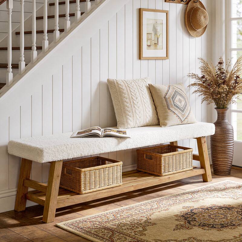 55 Inch Upholstered Shoe Rack Bench with Cushion for Entryway, Bedroom, Kitchen, Dining Room, Solid Wood Bench Seating