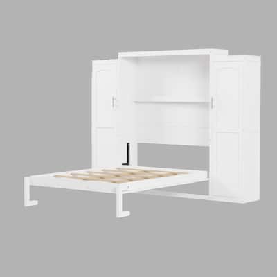 Multifunctional Full/Queen Size Murphy Bed with Storage Shelves and Wardrobe, White Platform Bed