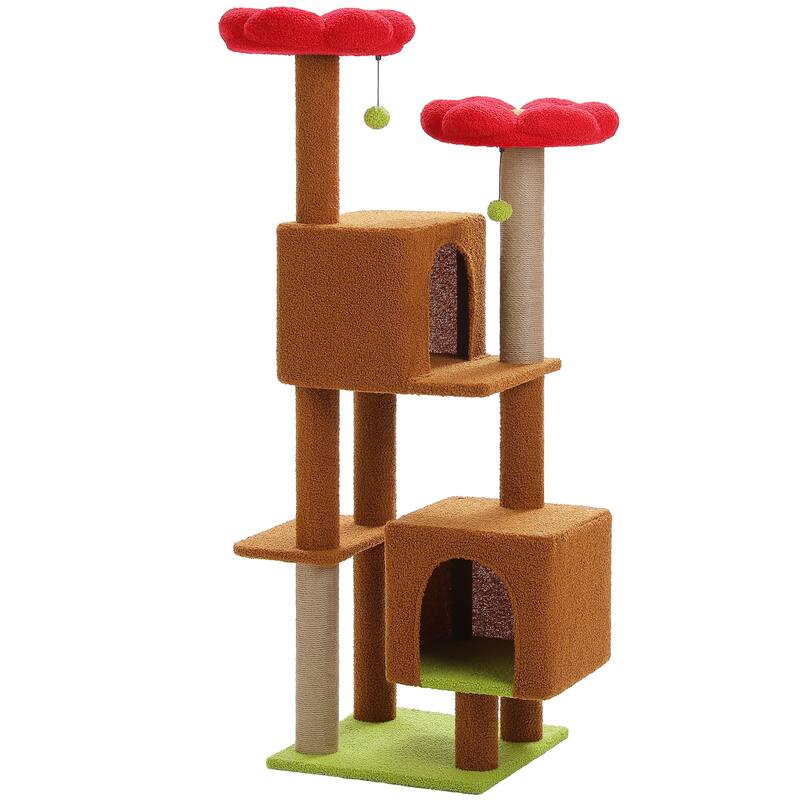 52.4" Cute Cat Tree Tower with 2 Flower Padded Perches, 2 Condos & 2 Scratching Posts