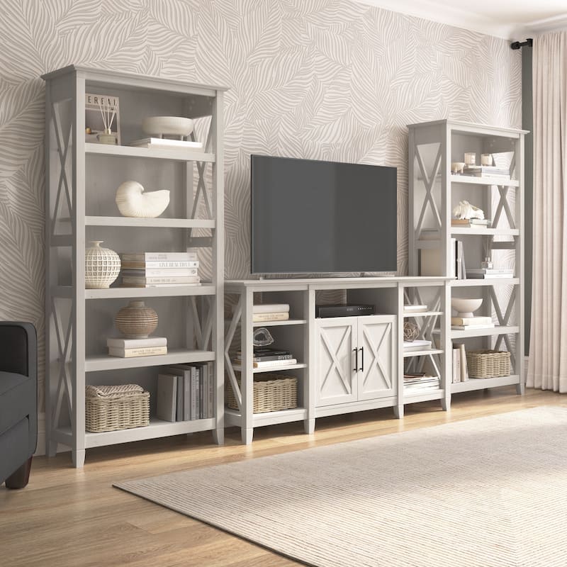 Tall Farmhouse TV Stand with 2 Bookcases by Bush Furniture - Linen White Oak